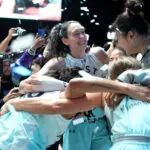 Mist BC's Breanna Stewart, Alanna Smith, Veronica Burton, Li Yueru, and Arike Ogunbowale celebrate winning the 2026 Unrivaled championship.