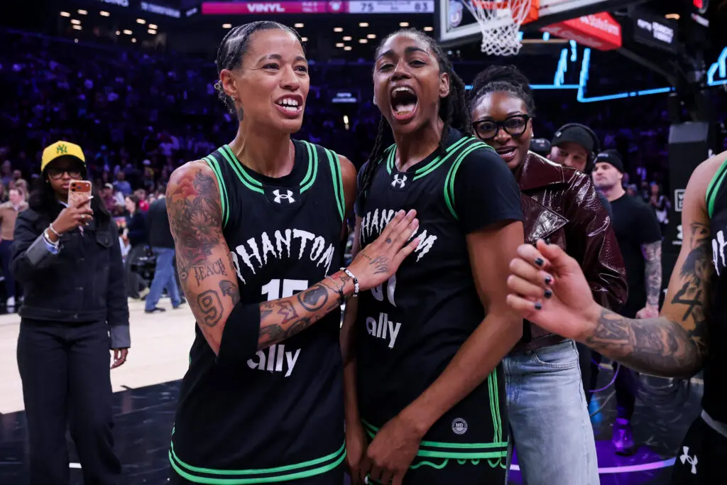 Phantom BC stars Natasha Cloud and Tiffany Hayes celebrate their win at the 2026 Unrivaled semifinals.