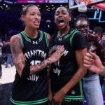 Phantom BC stars Natasha Cloud and Tiffany Hayes celebrate their win at the 2026 Unrivaled semifinals.