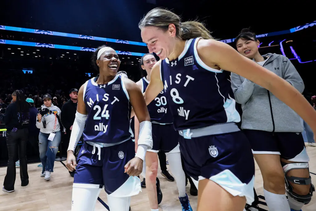 Mist BC star Arike Ogunbowale celebrates her game-winning shot with teammates Alanna Smith, Breanna Stewart, and Li Yueru after the 2026 Unrivaled semifinals.