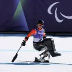Barbara van Bergen of the Netherlands at the finish after the Women's Downhill Para Alpine Skiing training session ahead of the Milano Cortina 2026 Winter Paralympic Games at Tofane Alpine Skiing Centre on March 04, 2026 in Cortina d'Ampezzo, Italy.