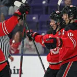 Ohio State hockey forward Hilda Svensson celebrates her goal with teammate Joy Dunne during the 2026 WCHA tournament final.