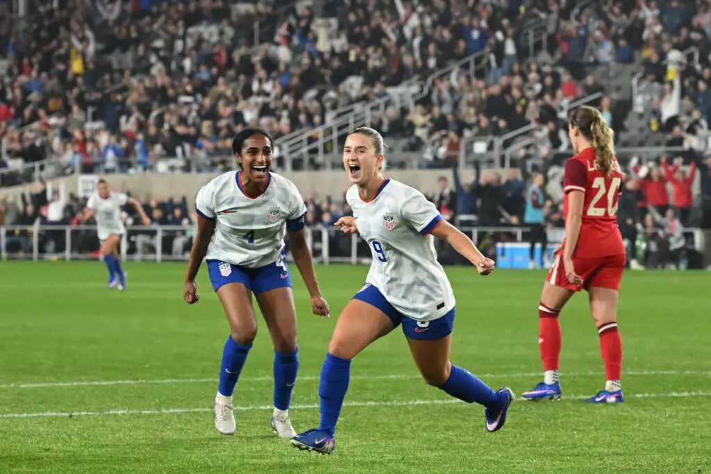 USWNT defender Naomi Girma and attacker Ally Sentnor celebrate Sentnor's goal against Canada at the 2026 SheBelieves Cup.
