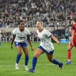USWNT defender Naomi Girma and attacker Ally Sentnor celebrate Sentnor's goal against Canada at the 2026 SheBelieves Cup.
