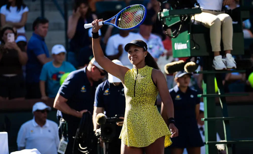 Naomi Osaka of Japan celebrates defeating Camila Osorio of Colombia in the third round on Day 5 of the BNP Paribas Open at Indian Wells Tennis Garden on March 08, 2026 in Indian Wells, California.