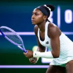 Coco Gauff of the United States in action against Alexandra Eala of the Philippines in the third round on Day 5 of the BNP Paribas Open at Indian Wells Tennis Garden on March 08, 2026 in Indian Wells, California.