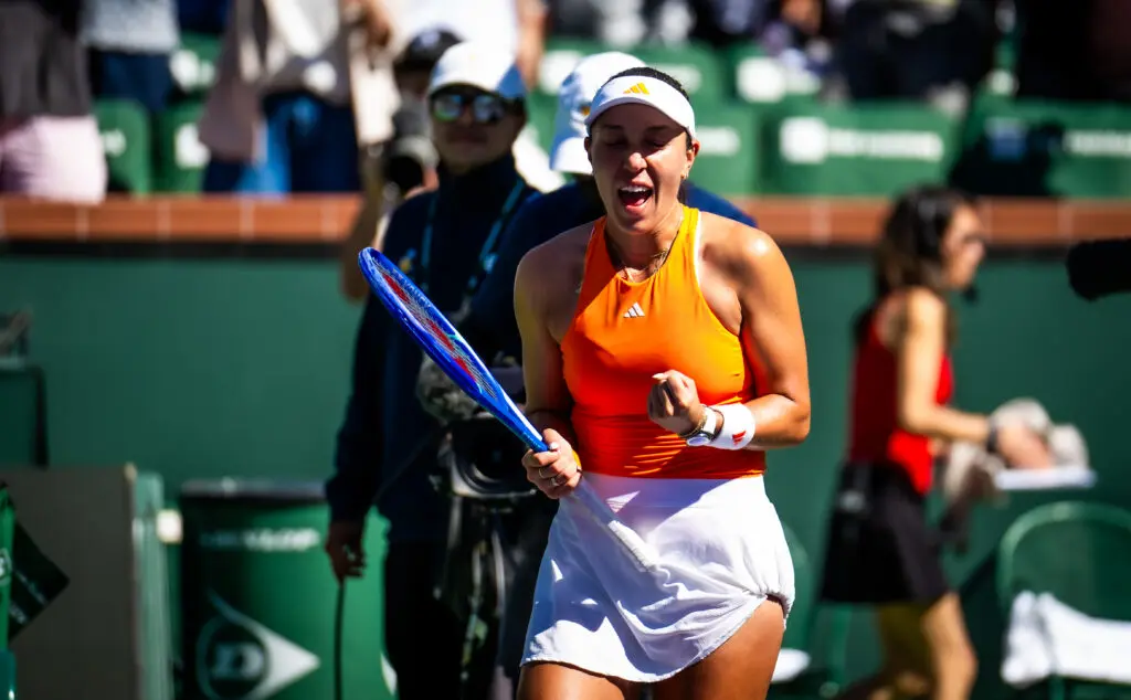 US tennis star Jessica Pegula celebrates her first career win over Belinda Bencic in the Round of 16 at the 2026 Indian Wells Open.
