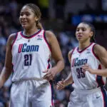 UConn stars Sarah Strong and Azzi Fudd jog across the court during the 2026 Big East women's basketball tournament championship game.