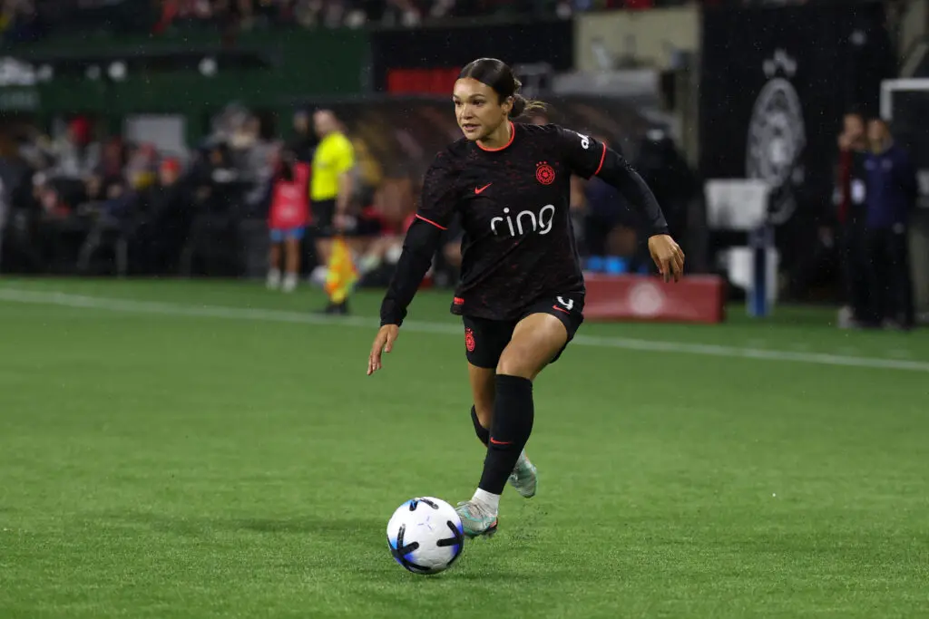 Portland Thorns forward Sophia Wilson dribbles the ball during a 2026 NWSL preseason match.