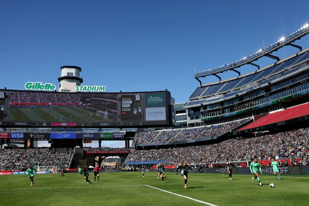 A general view of Gillette Stadium during Boston Legacy FC's inaugural match to kick off the 2026 NWSL season.