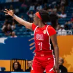Team USA guard Kahleah Copper celebrates her three-pointer during a 2026 FIBA World Cup Qualifying Tournament game.