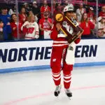 Laila Edwards #10 of the Wisconsin Badgers celebrates after defeating the Ohio State Buckeyes 3-2 during the NCAA Women's Ice Hockey Championship game held at Pegula Ice Arena on March 22, 2026 in State College, Pennsylvania.