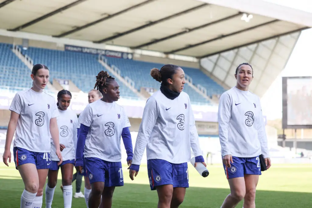 Champions League stars Lucy Bronze, Lauren James, Sandy Baltimore, Gabriella Storey, Naomi Girma, and other Chelsea FC teammates warm up before a 2026 WSL match.