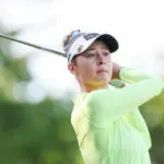 Nelly Korda of the United States tees off the 17th hole during the final round of the LPGA Fortinet Founders Cup on March 21, 2026 at Sharon Heights Golf & Country Club in Menlo Park, CA. (