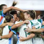 Denver Summit teammates celebrate a goal by Melissa Kossler during a 2026 NWSL match.