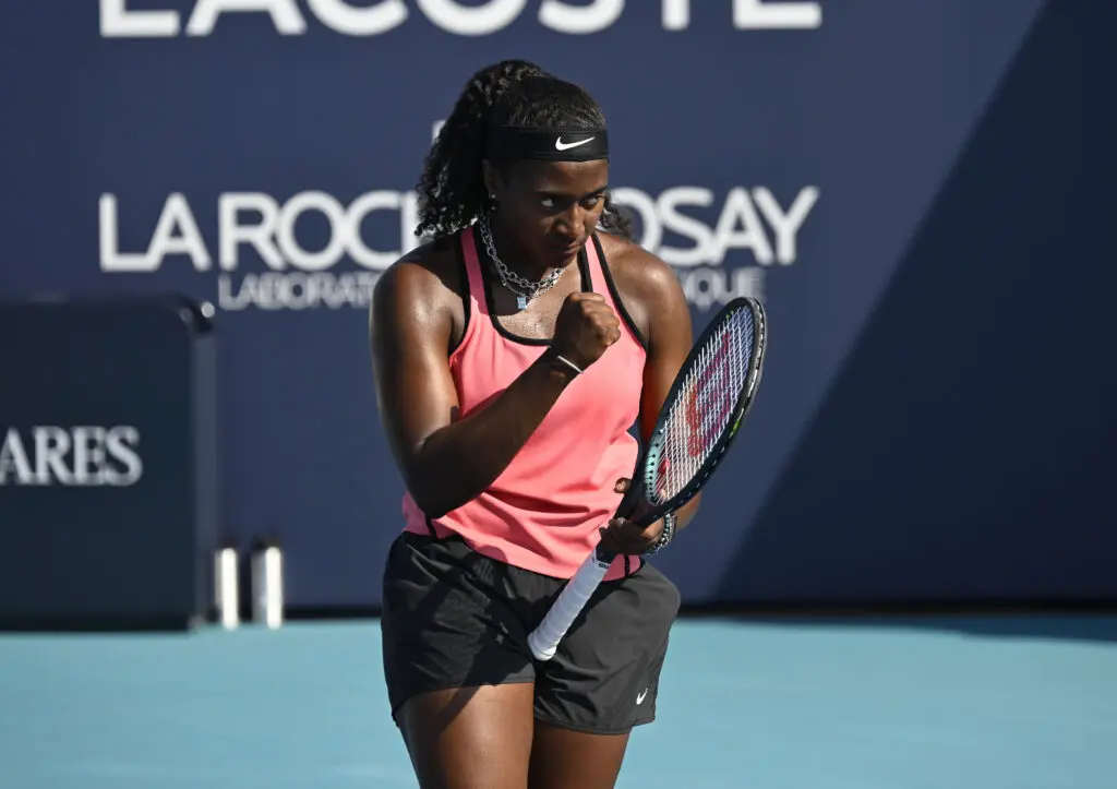 US tennis star Hailey Baptiste pumps her fist after winning a point in her Round of 16 match at the 2026 Miami Open.