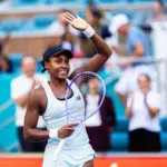Coco Gauff of the United States waves to the crowd after defeating Sorana Cirstea of Romania during their match on Day 7 of the Miami Open at Hard Rock Stadium in Miami Gardens, Florida, on March 23, 2026.