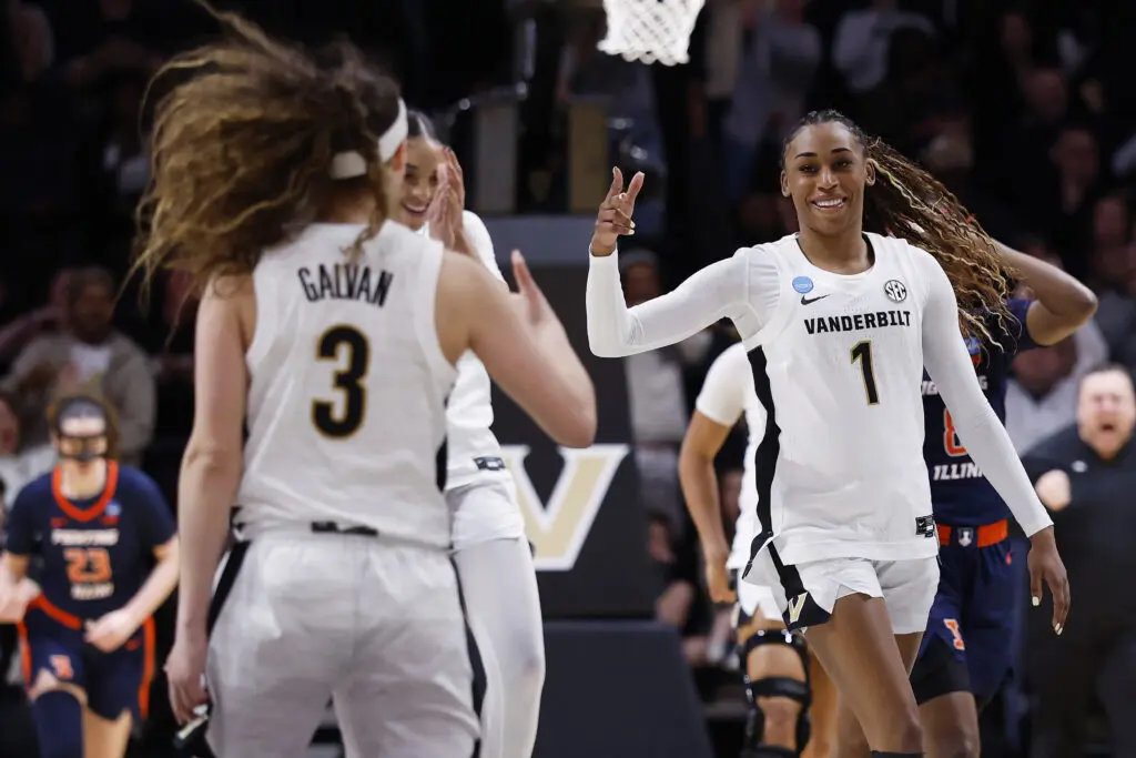 Vanderbilt women's basketball guard Mikayla Blakes points to teammate Aubrey Galvan in celebration of a play during their second-round 2026 March Madness game.