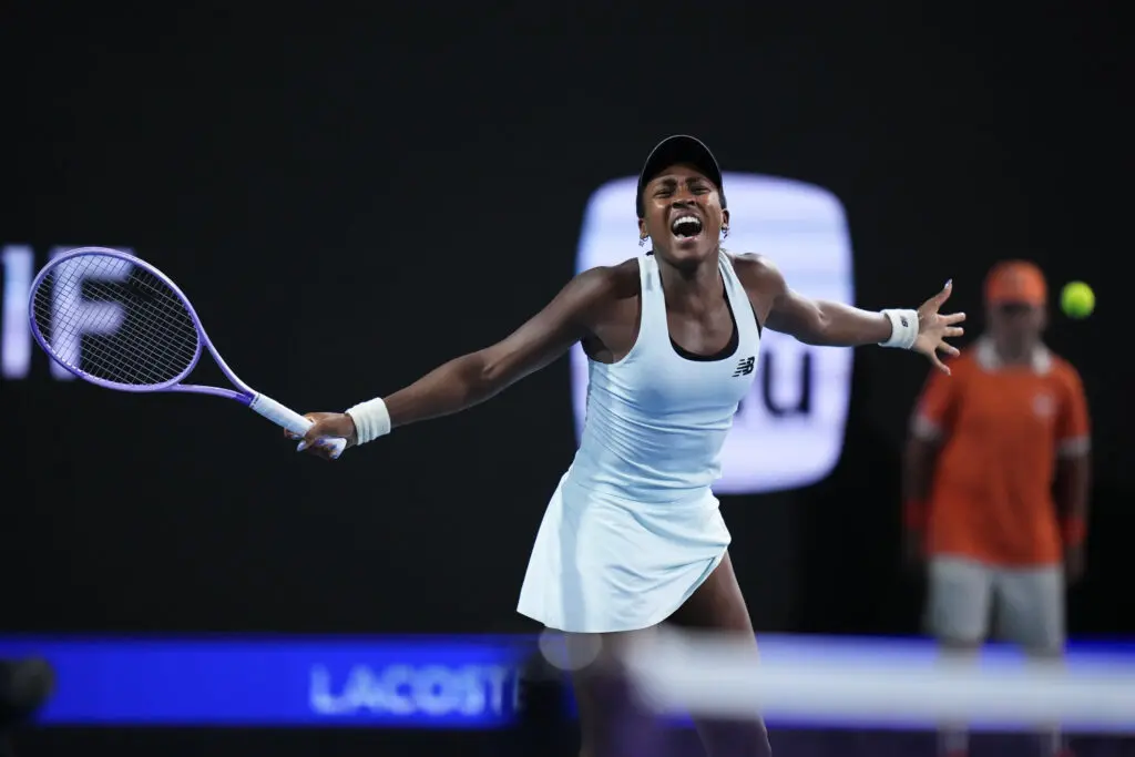 US tennis star Coco Gauff reacts to her 2026 Miami Open quarterfinals victory.