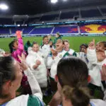 Denver Summit players celebrate their first-ever win after a 2026 NWSL match.