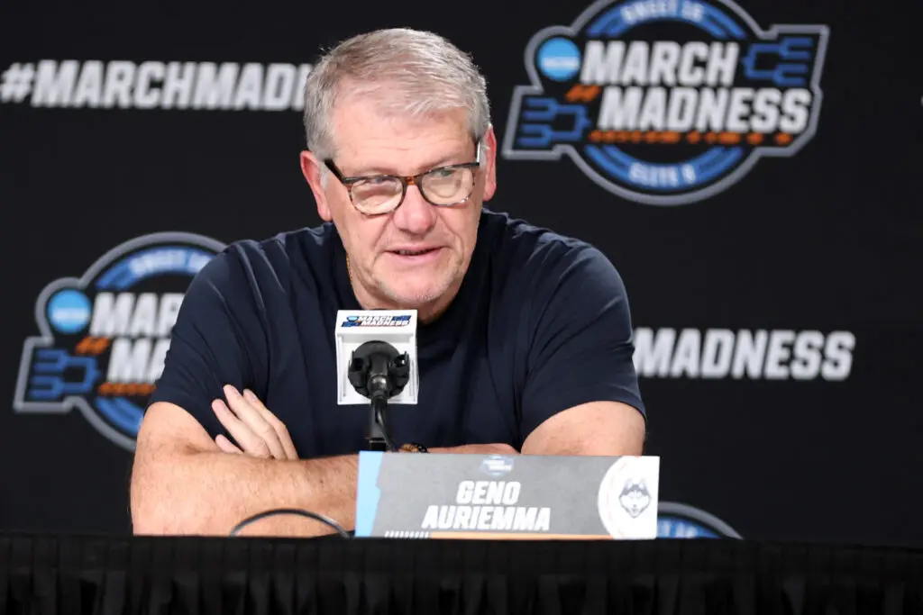 Head coach Geno Auriemma of the UConn Huskies talks to the media after defeating the Notre Dame Fighting Irish in an Elite Eight round game of the 2026 NCAA Women's Basketball Tournament held at Dickies Arena on March 29, 2026 in Fort Worth, Texas.