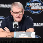 Head coach Geno Auriemma of the UConn Huskies talks to the media after defeating the Notre Dame Fighting Irish in an Elite Eight round game of the 2026 NCAA Women's Basketball Tournament held at Dickies Arena on March 29, 2026 in Fort Worth, Texas.