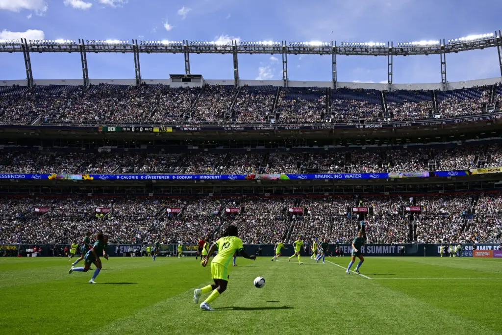 General view of 2026 NWSL expansion team Denver Summit FC's inaugural home match against the Washington Spirit at Mile High Stadium.