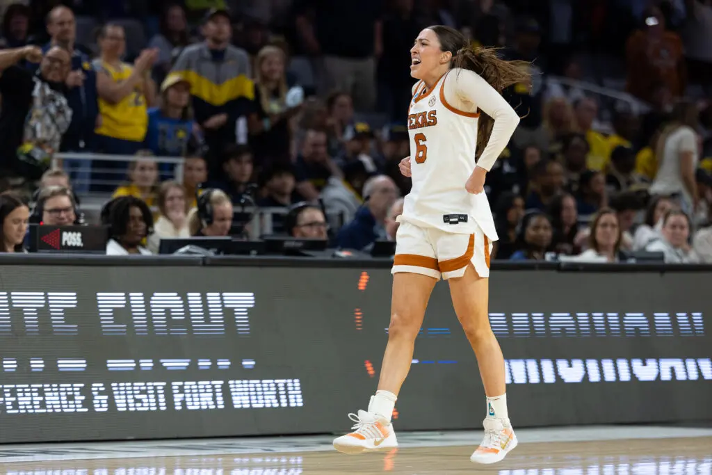 Sarah Graves #6 of the Texas Longhorns celebrates in the Elite Eight round of the 2026 NCAA Women's Basketball Tournament game between the Michigan Wolverines and the Texas Longhorns at Dickies Arena on March 30, 2026 in Fort Worth, Texas.