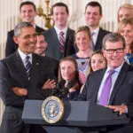 Bracket predictions writer and former president Obama hosts Head Coach of the UConn Huskies, Geno Auriemma at the White House after the team's 2016 March Madness win.