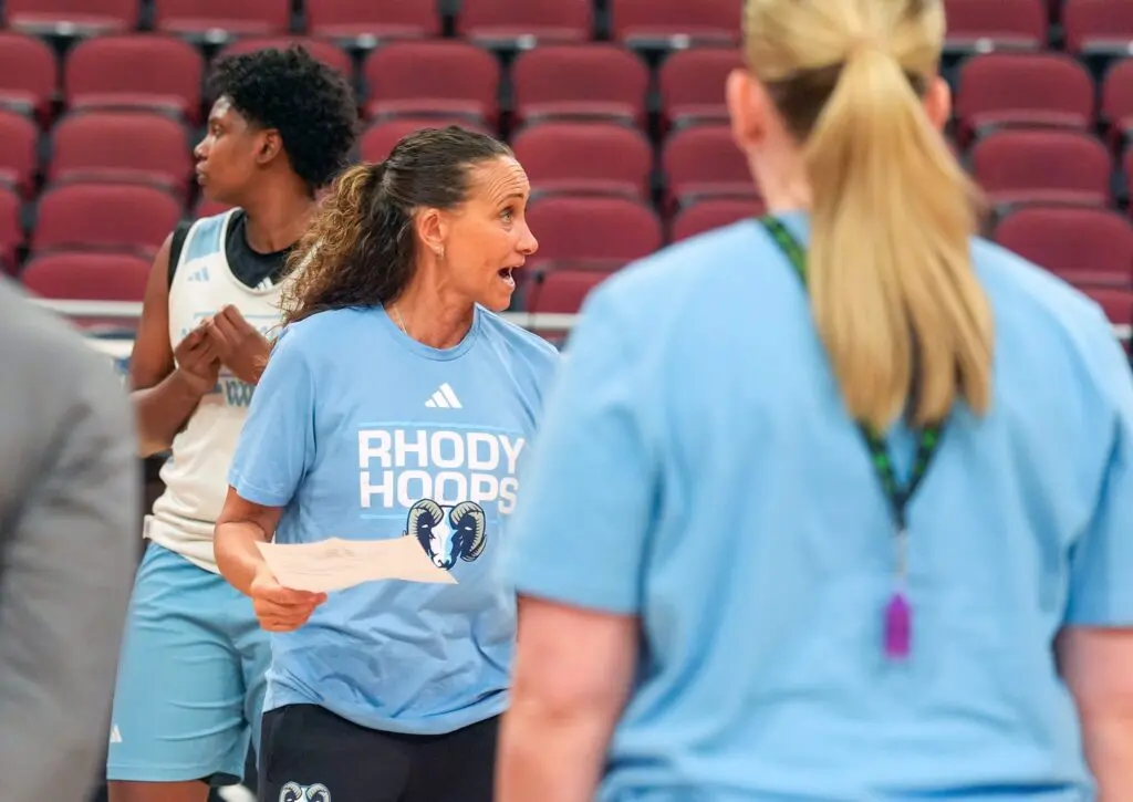 Rhode Island head coach Tammi Reiss talks with her team during practice at the KFC Yum! Center in Louisville, Kentucky, the day before their first-round matchup with Alabama in the first round of the NCAA Women’s Basketball Tournament at Women's March Madness.