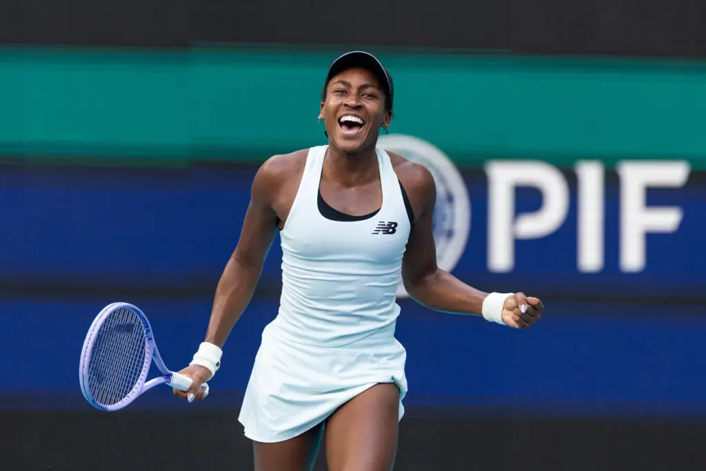 Coco Gauff of the United States reacts after a point against Karolina Muchova of the Czech Republic in the semi-finals of the women’s singles at the Miami Open at the Hard Rock Stadium.