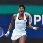Coco Gauff of the United States reacts after a point against Karolina Muchova of the Czech Republic in the semi-finals of the women’s singles at the Miami Open at the Hard Rock Stadium.