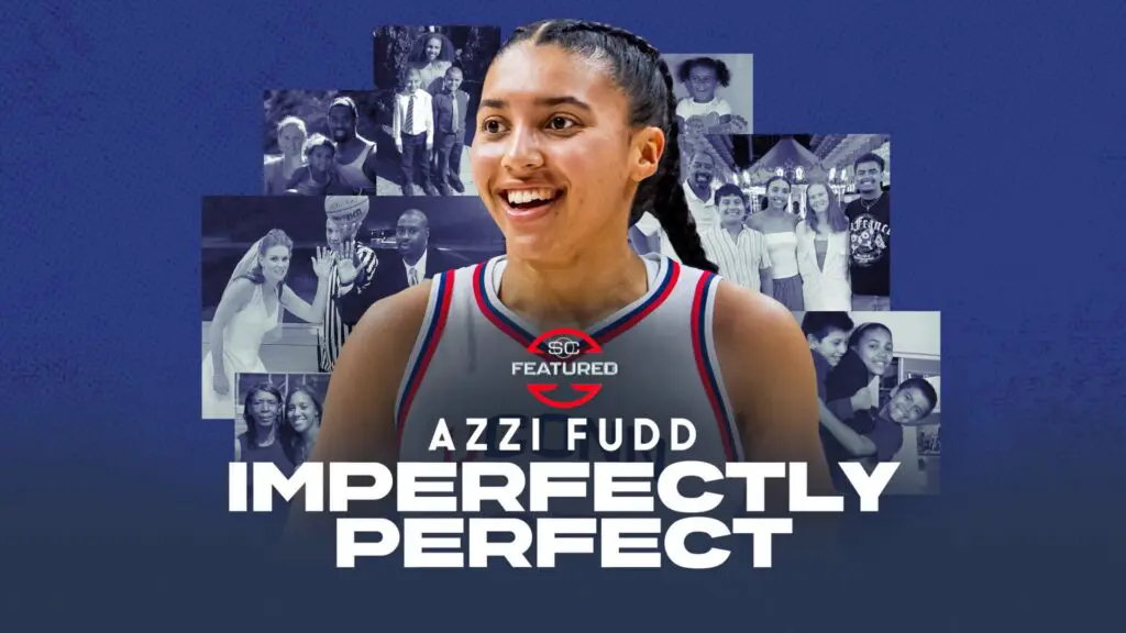Graphic for ESPN SportsCenter documentary Imperfectly Imperfect featuring UConn March Madness star Azzi Fudd.