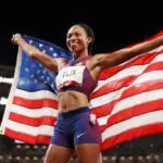 Allyson Felix of Team USA reacts after winning the bronze medal in the Women's 400m Final on day fourteen of the Tokyo 2020 Olympic Games at Olympic Stadium on August 06, 2021 in Tokyo, Japan.