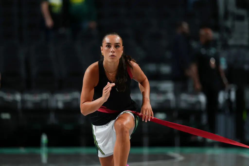 Portland Fire WNBA expansion draft pick Nika Muhl #1 of the Seattle Storm warms up before the game against the New York Liberty on September 5, 2024 at Barclays Center in Brooklyn, New York.