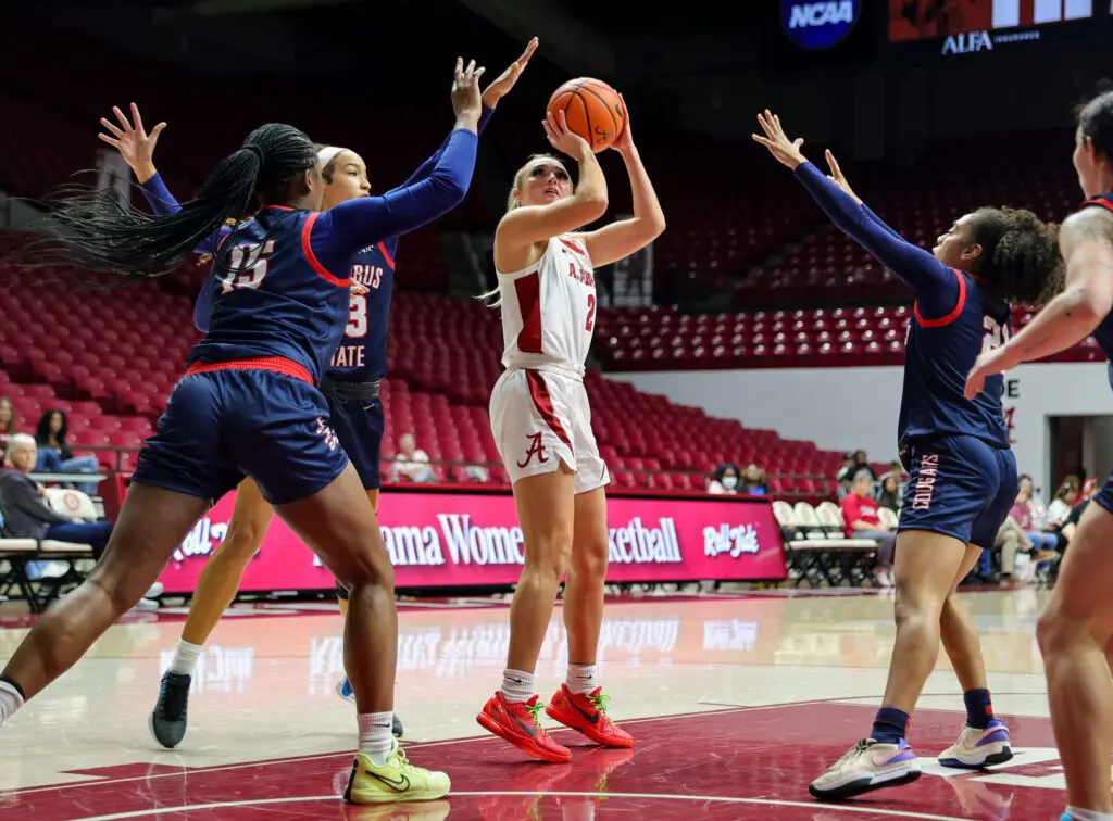 Chloe Spreen #2 of the Alabama Crimson Tide puts up a second half shot against the Columbus State Cougars at Coleman Coliseum on October 30, 2024 in Tuscaloosa, Alabama.