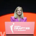 WNBA Commissionner Cathy Engelbert speaks during the 2025 WNBA Draft on April 14, 2025 at The Shed in New York, New York.