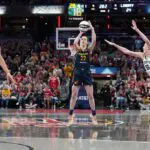 WNBA preseason star Caitlin Clark #22 of the Indiana Fever shoots the ball during the game against the New York Liberty during a 2025 Commissioner's Cup game on June 14, 2025 at Gainbridge Fieldhouse in Indianapolis, Indiana.