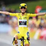 Tour de France Femmes rider Pauline Ferrand-Prevot of France and Team Visma | Lease a Bike - Yellow leader jersey celebrates at finish line as stage and final overall winner winner during the 4th Tour de France Femmes 2025, Stage 9 a 124.1km stage from Praz-sur-Arly to Chatel Les Portes du Soleilon 1298m / #UCIWWT / August 03, 2025 in Chatel Les Portes du Soleil, France.