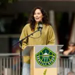 Basketball Hall of Famer Sue Bird speaks during the Sue Bird Statue Unveiling ceremony at Climate Pledge Arena on August 17, 2025 in Seattle, Washington.