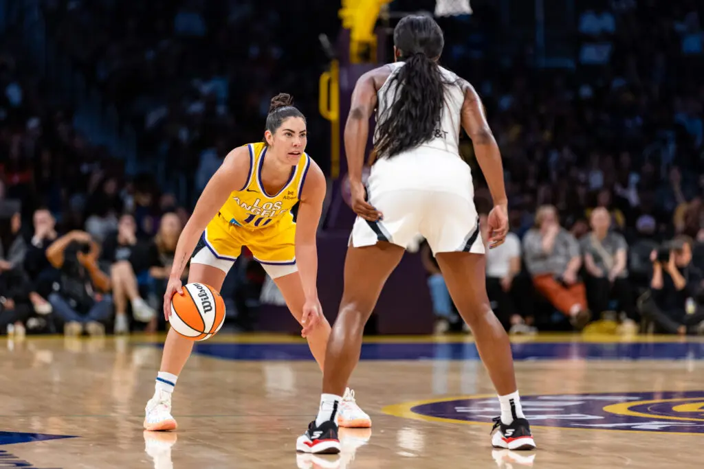 Guard Kelsey Plum #10 of the Los Angeles Sparks handles the ball during a game between the Las Vegas Aces and Los Angeles Sparks at Crypto.com Arena on September 11, 2025, in Los Angeles, California.