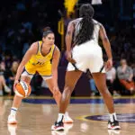 Guard Kelsey Plum #10 of the Los Angeles Sparks handles the ball during a game between the Las Vegas Aces and Los Angeles Sparks at Crypto.com Arena on September 11, 2025, in Los Angeles, California.