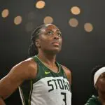 Nneka Ogwumike #3 of the Seattle Storm looks on before the game against the Las Vegas Aces during round 1 game 3 on September 18, 2025 at Michelob ULTRA Arena in Las Vegas, Nevada.