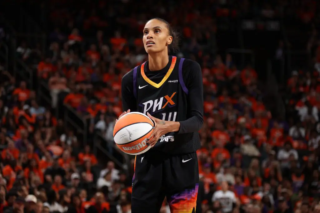DeWanna Bonner #14 of the Phoenix Mercury shoots a free throw during the game against the Las Vegas Aces during Game Three of the WNBA Finals on October 8, 2025 at Mortgage Matchup Center in Phoenix, Arizona.