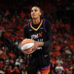 DeWanna Bonner #14 of the Phoenix Mercury shoots a free throw during the game against the Las Vegas Aces during Game Three of the WNBA Finals on October 8, 2025 at Mortgage Matchup Center in Phoenix, Arizona.
