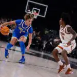 Final Four contenders Kiki Rice #1 of the UCLA Bruins drives to the basket during the second half against the Texas Longhorns during the Players Era Championship basketball tournament at Michelob ULTRA Arena on November 26, 2025 in Las Vegas, Nevada.