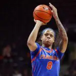 NCAA transfer portal player and daughter of NBA legend Shaq Me'Arah O'Neal #8 of the Florida Gators shoots a free throw against the Virginia Tech Hokies in the second half during a game at Cassell Coliseum on December 4, 2025 in Blacksburg, Virginia.