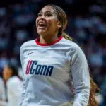 Sarah Strong #21 of the Connecticut Huskies warms up before the championship game of the Big East Women’s Basketball Tournament against the Villanova Wildcats at Mohegan Sun on March 09, 2026 in Uncasville, Connecticut.