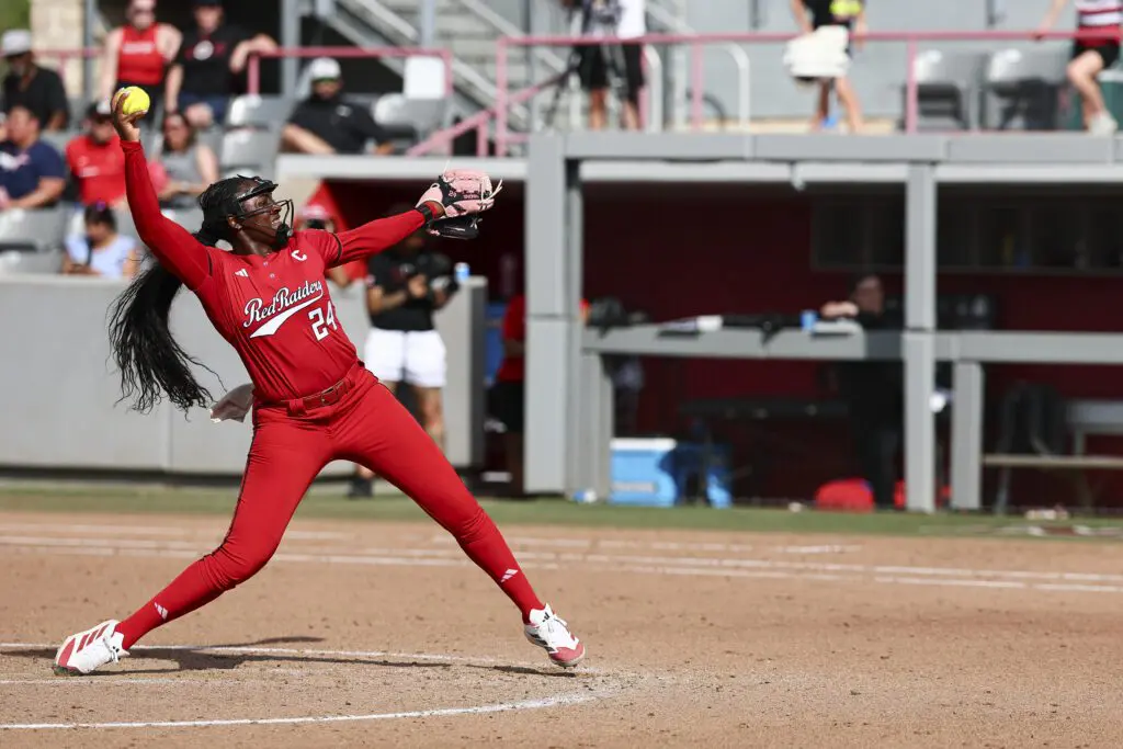 NiJaree Canady #24 of the Texas Tech Red Raiders throws a pitch during the fifth inning against the Houston Cougars at Cougar Softball Stadium on March 7, 2026 in Houston, Texas.