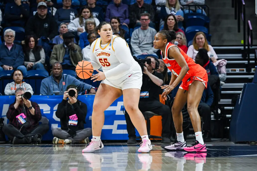 Audi Crooks #55 of the Iowa State Cyclones looks to pass during a first round game of the 2026 NCAA Women's Basketball Tournament held at Harry A. Gampel Pavilion on March 21, 2026 in Storrs, Connecticut.